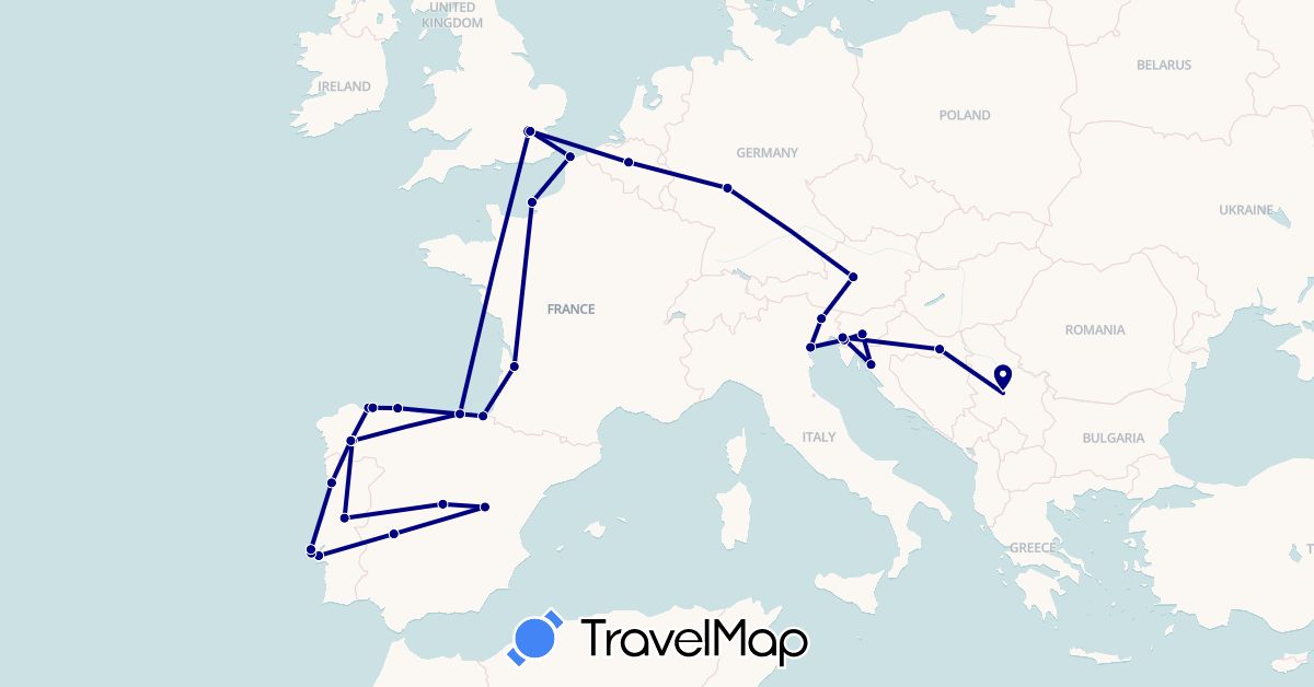 TravelMap itinerary: driving in Austria, Belgium, Germany, Spain, France, United Kingdom, Croatia, Italy, Portugal, Serbia, Slovenia (Europe)
